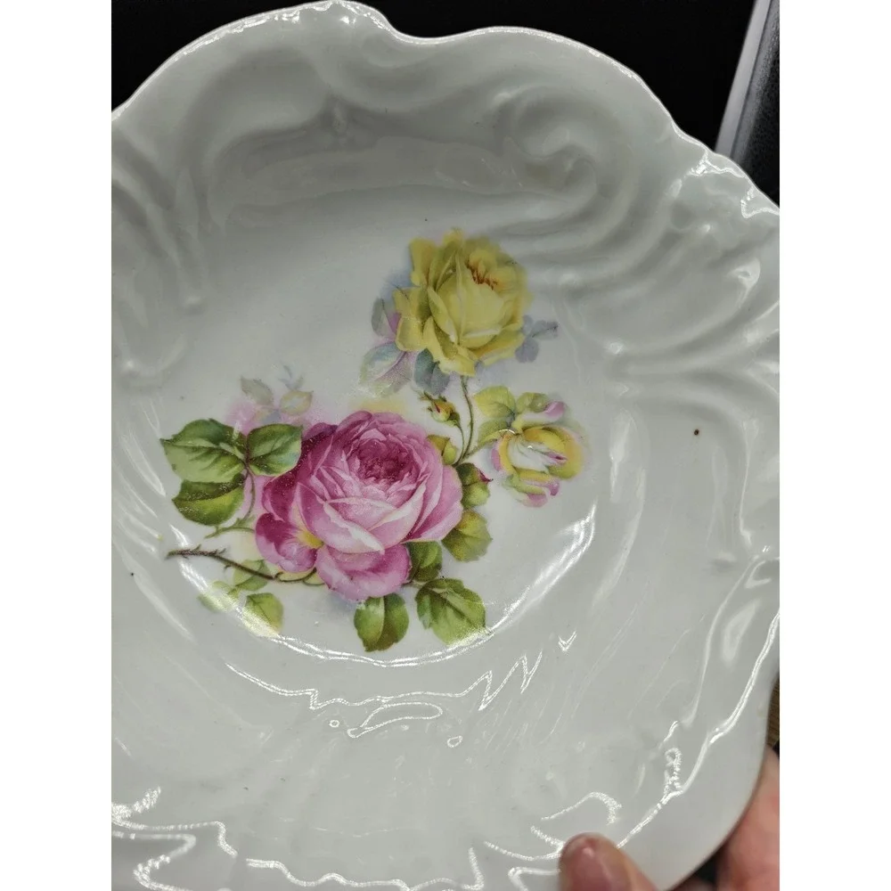 Vintage Orla Germany Porcelain Serving Bowl Pink Rose Scalloped Edge Early 1900s